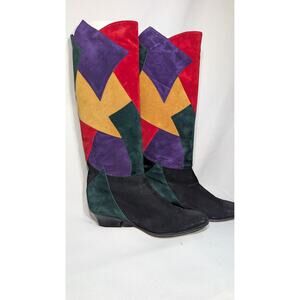 J Renee Suede Colorblock Patchwork Knee High Boots 9 Vintage 80s Made In Italy